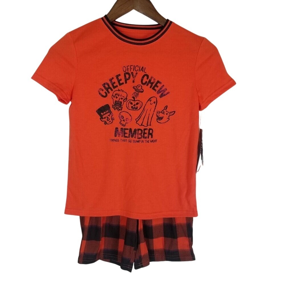 Cat & Jack Kids Orange Halloween Creepy Crew Pajama Set Buffalo Plaid Shorts M 8